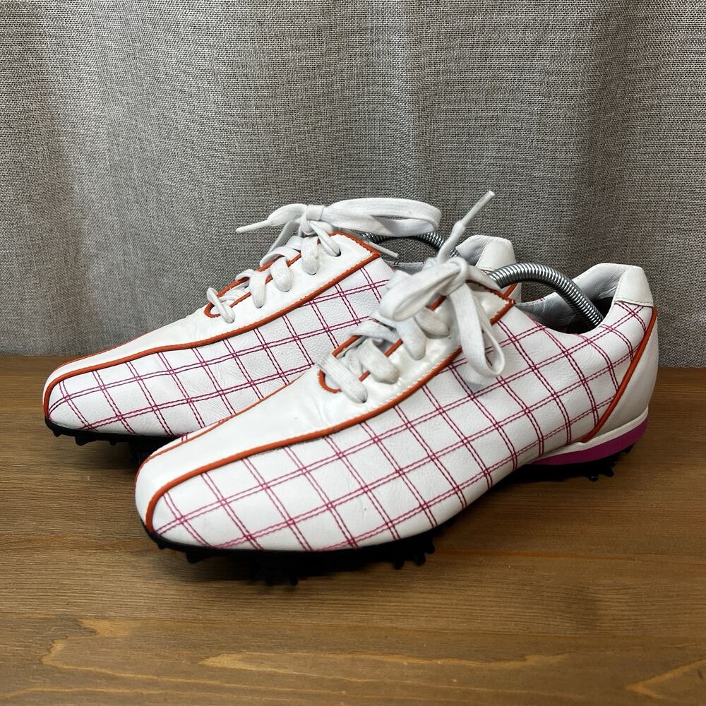 Footjoy Golf Shoes Women’s 8M Pink Plaid Orange Cleats 97222 Lace Up Spikes